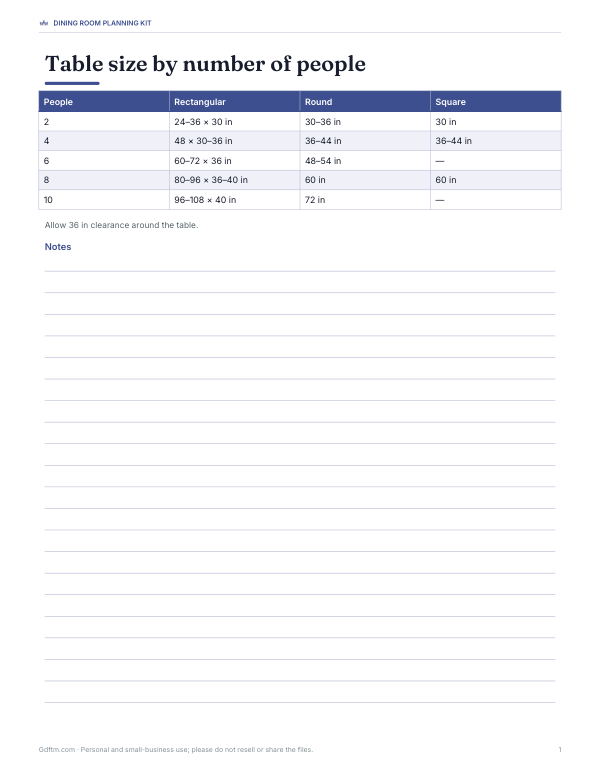 Preview of Printable Seating Guide for Dining Tables